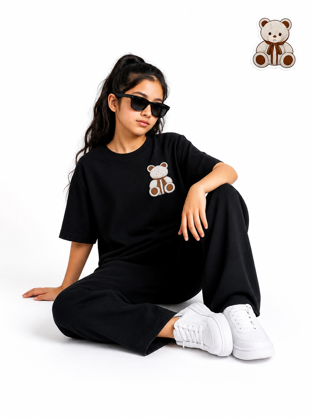 Girls Black Teddy Bear Graphic Co-Ord Set Oversized T-Shirt & Wide-Leg Trouser