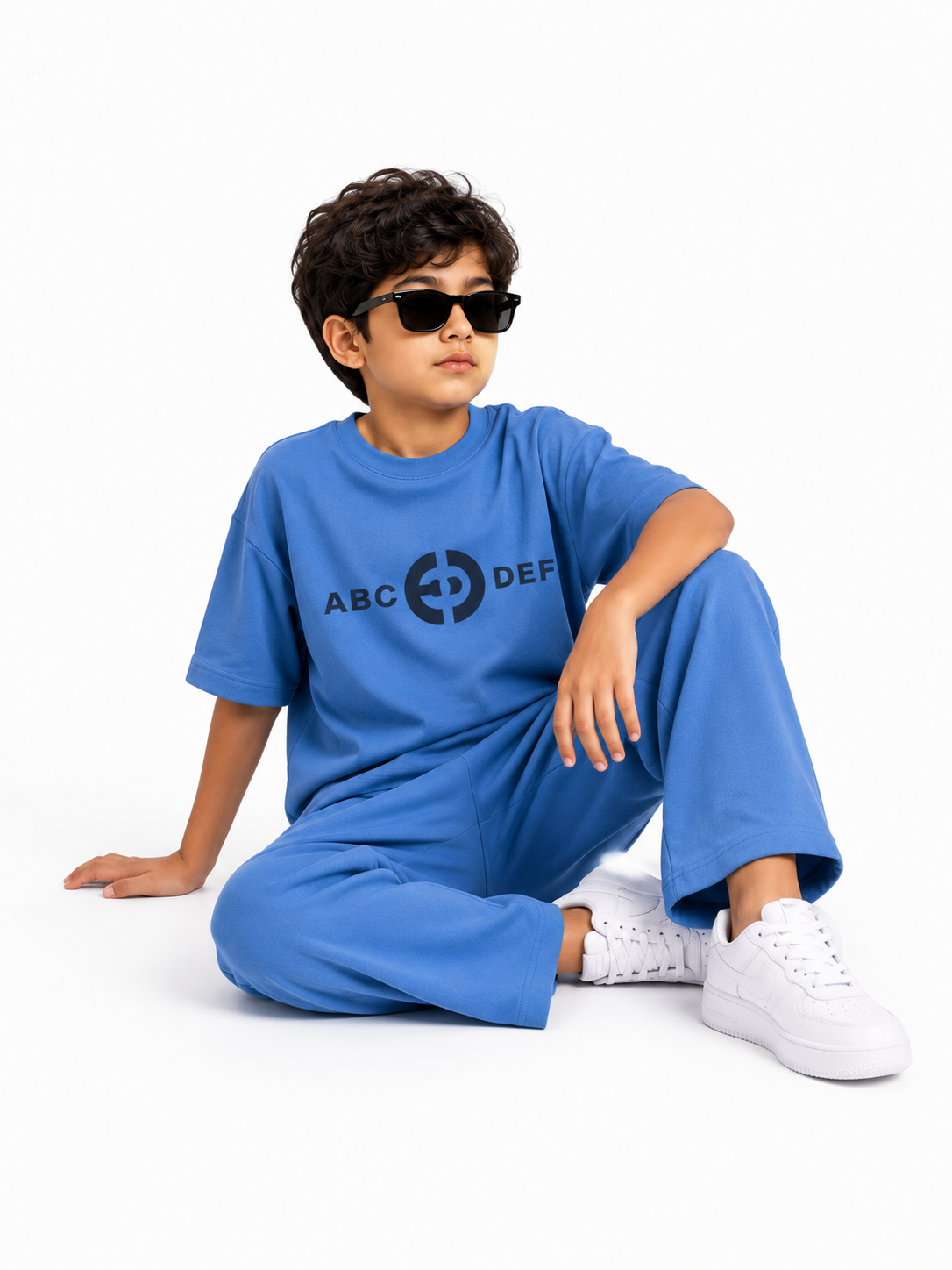 Boys Blue Oversized Co-Ord Set | Premium Cotton Graphic T-Shirt & Wide-Leg Trousers