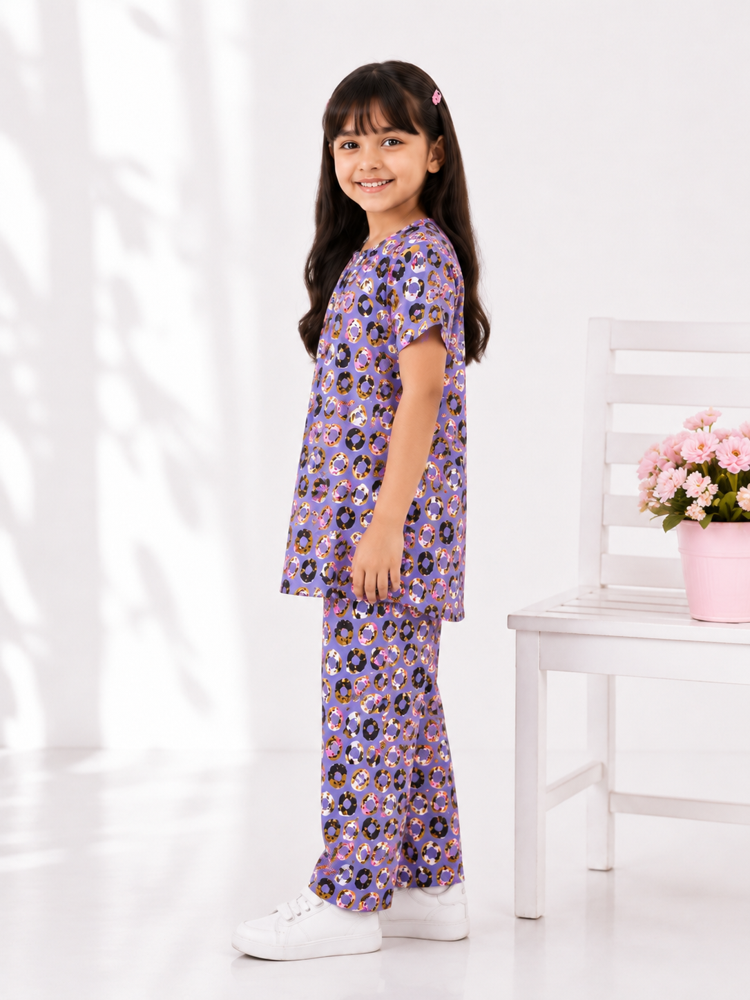 Girls Donut Print Co-Ord Set – Lavender Top & Trouser