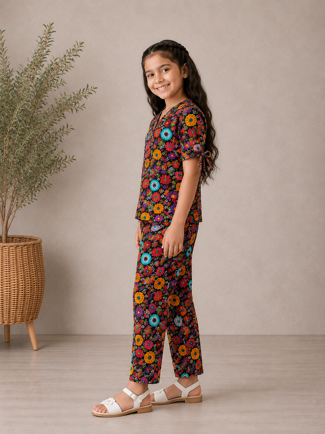 Girls Floral Night Suit – Half Sleeve Pajama Set