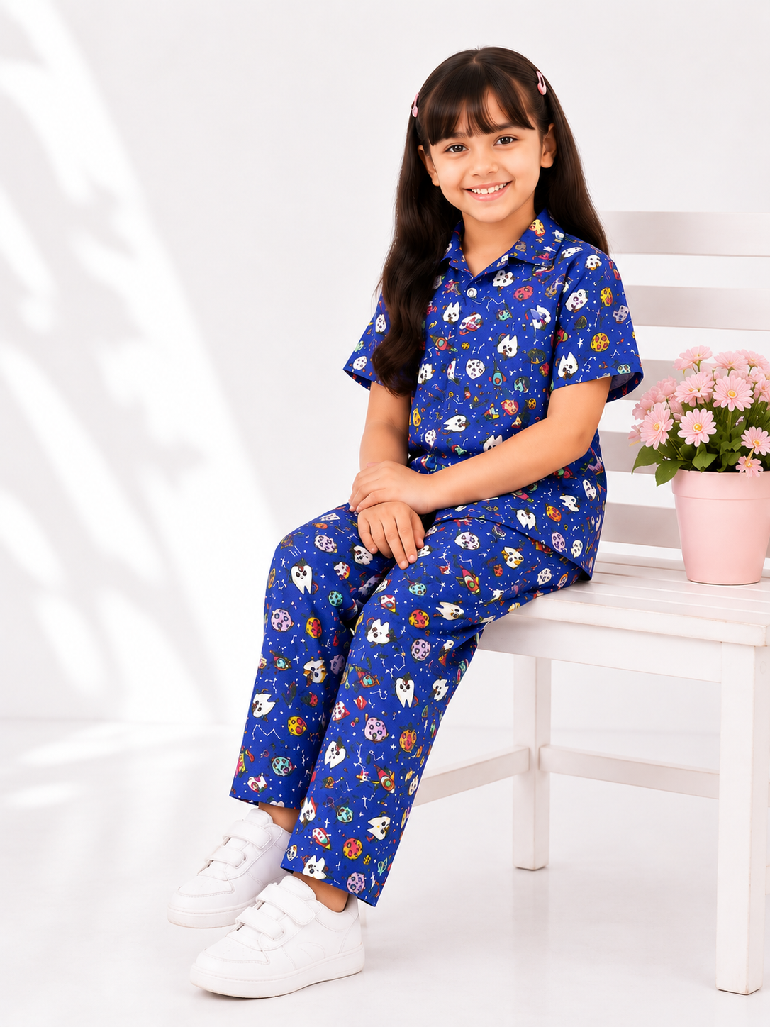 Girls Space Adventure Co-Ord Set – Blue Printed Shirt Trouser