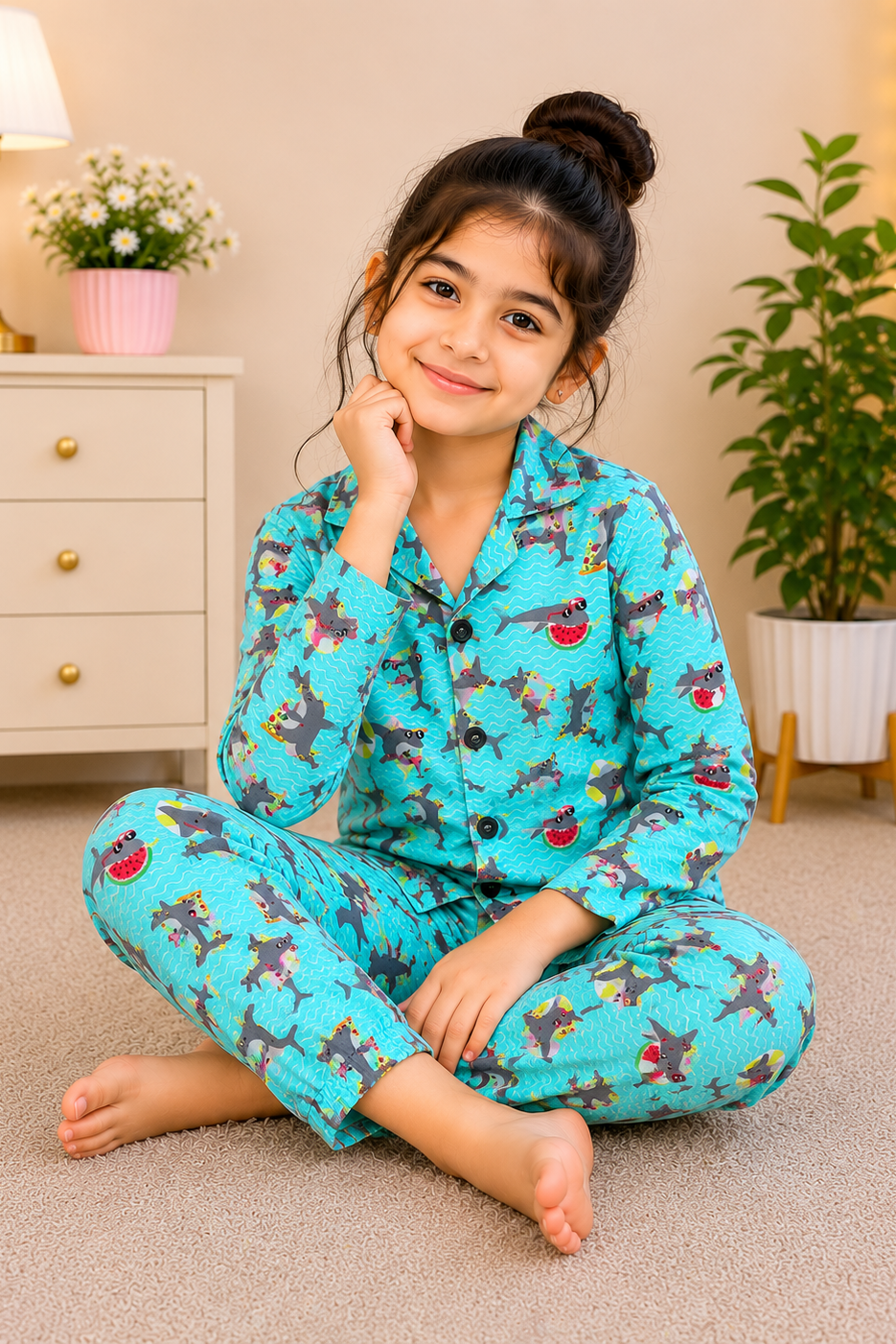 Girls Aqua Shark Print Night Suit – Soft Cotton Pajama Set