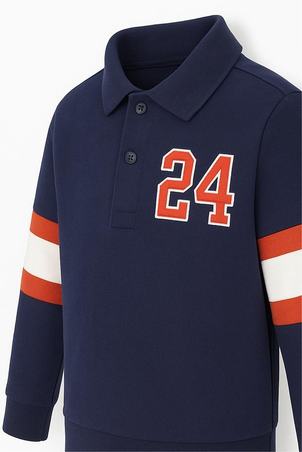 kids Navy Blue Polo Sweatshirt with Striped Sleeves & Number Print