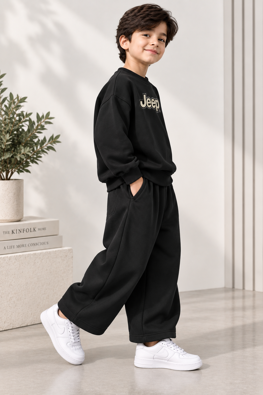 Kids Black Jeep Fleece Sweatshirt with Baggy Trouser