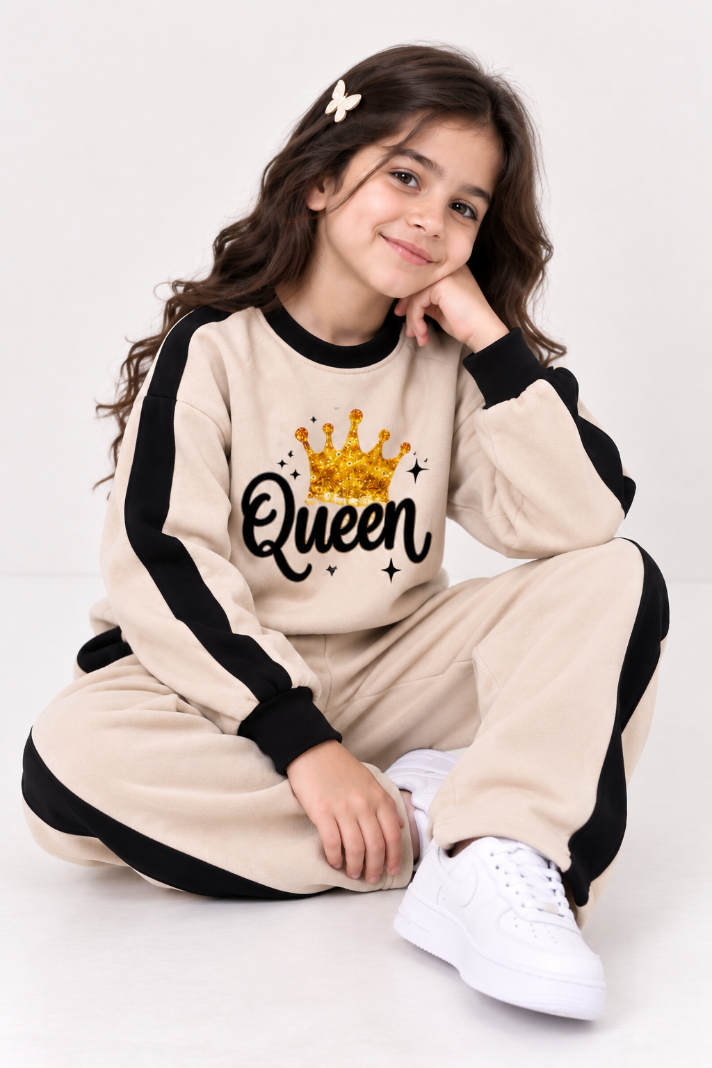 Girls Queen Black Fleece Sweatshirt & Trouser Set