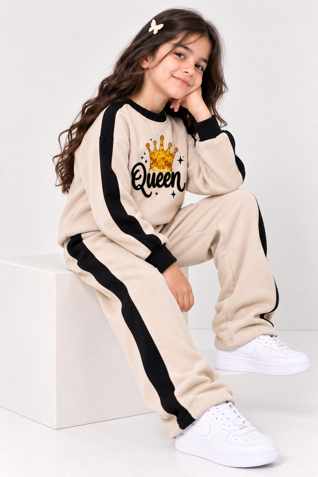 Girls Queen Black Fleece Sweatshirt & Trouser Set