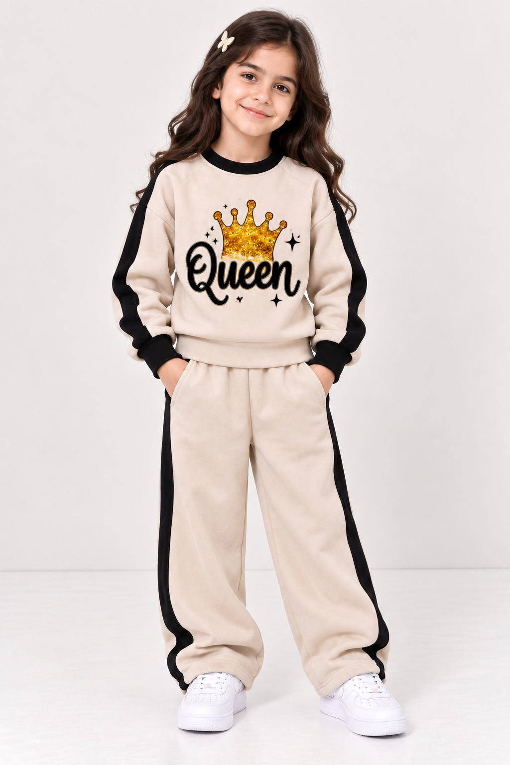 Girls Queen Black Fleece Sweatshirt & Trouser Set