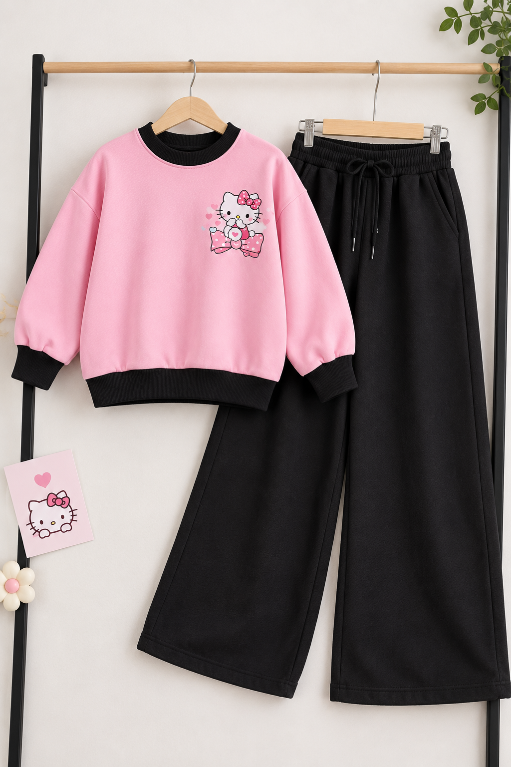 Pink & Black Hello Kitty Fleece Co-Ord Set for Girls