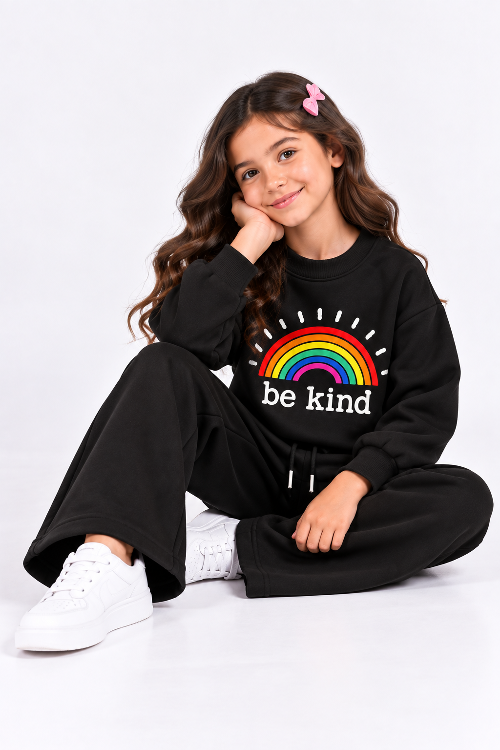 Black Be Kind Rainbow Fleece Co-Ord Set for Girls