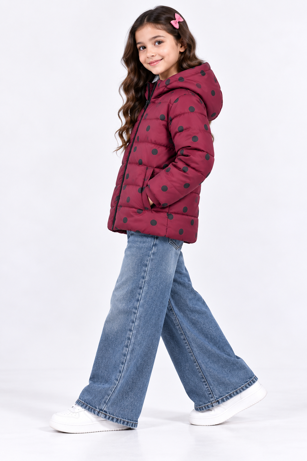 Girls Maroon Polka Dot Hooded Puffer Jacket