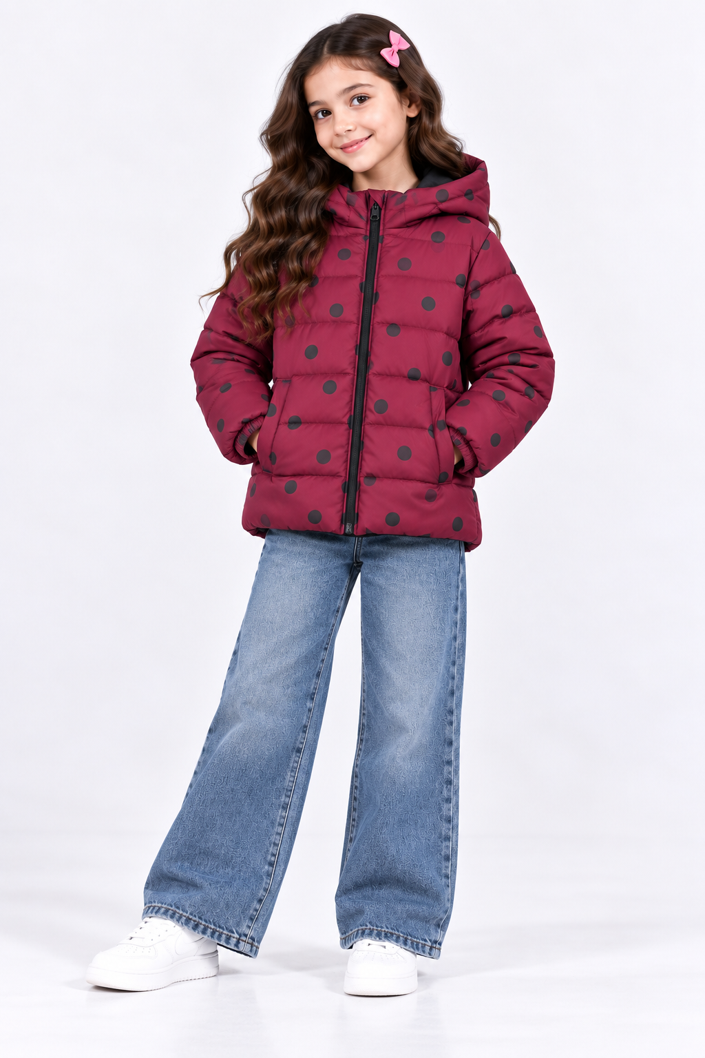 Girls Maroon Polka Dot Hooded Puffer Jacket