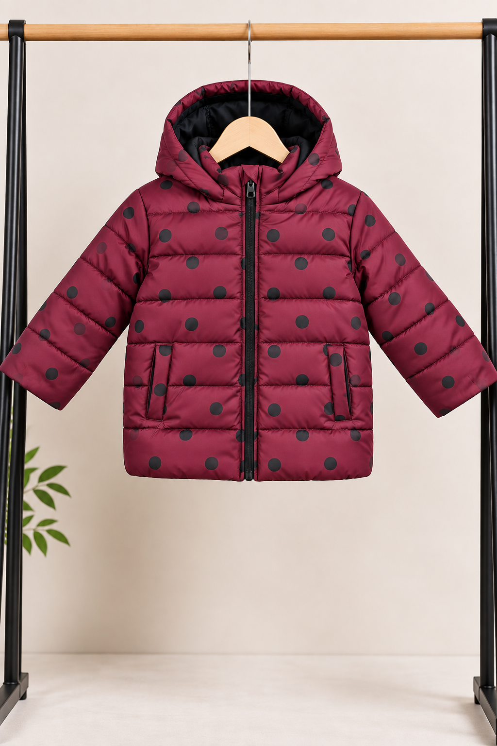 Girls Maroon Polka Dot Hooded Puffer Jacket