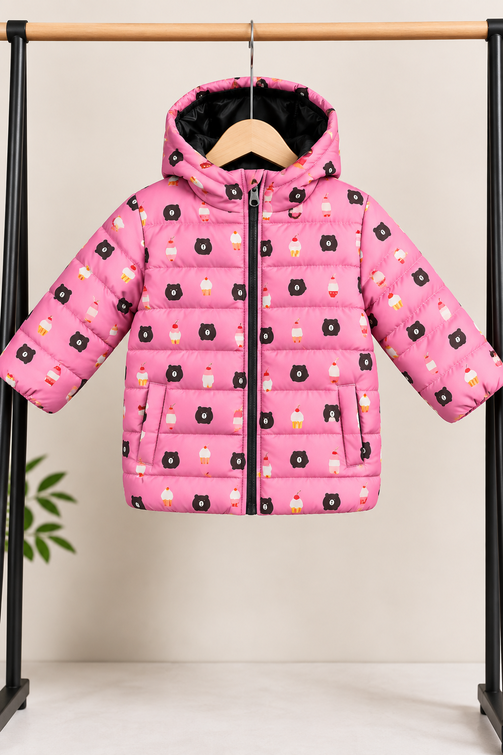 Girls Pink Bear Print Hooded Puffer Jacket