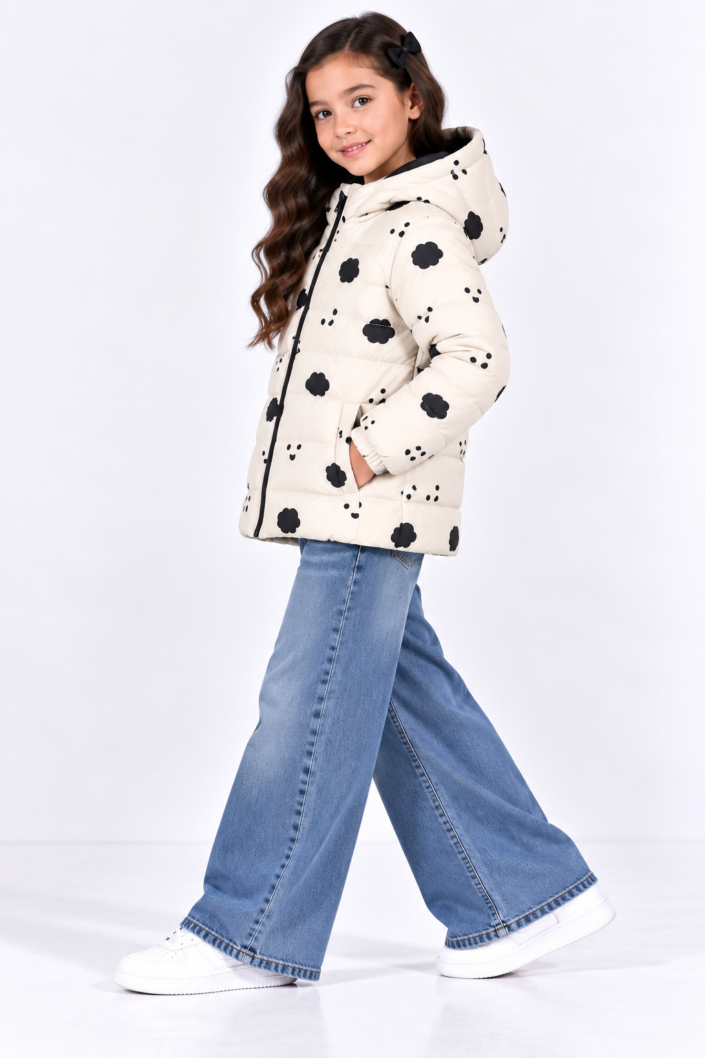 Girls Cream Black Cloud Print Hooded Puffer Jacket