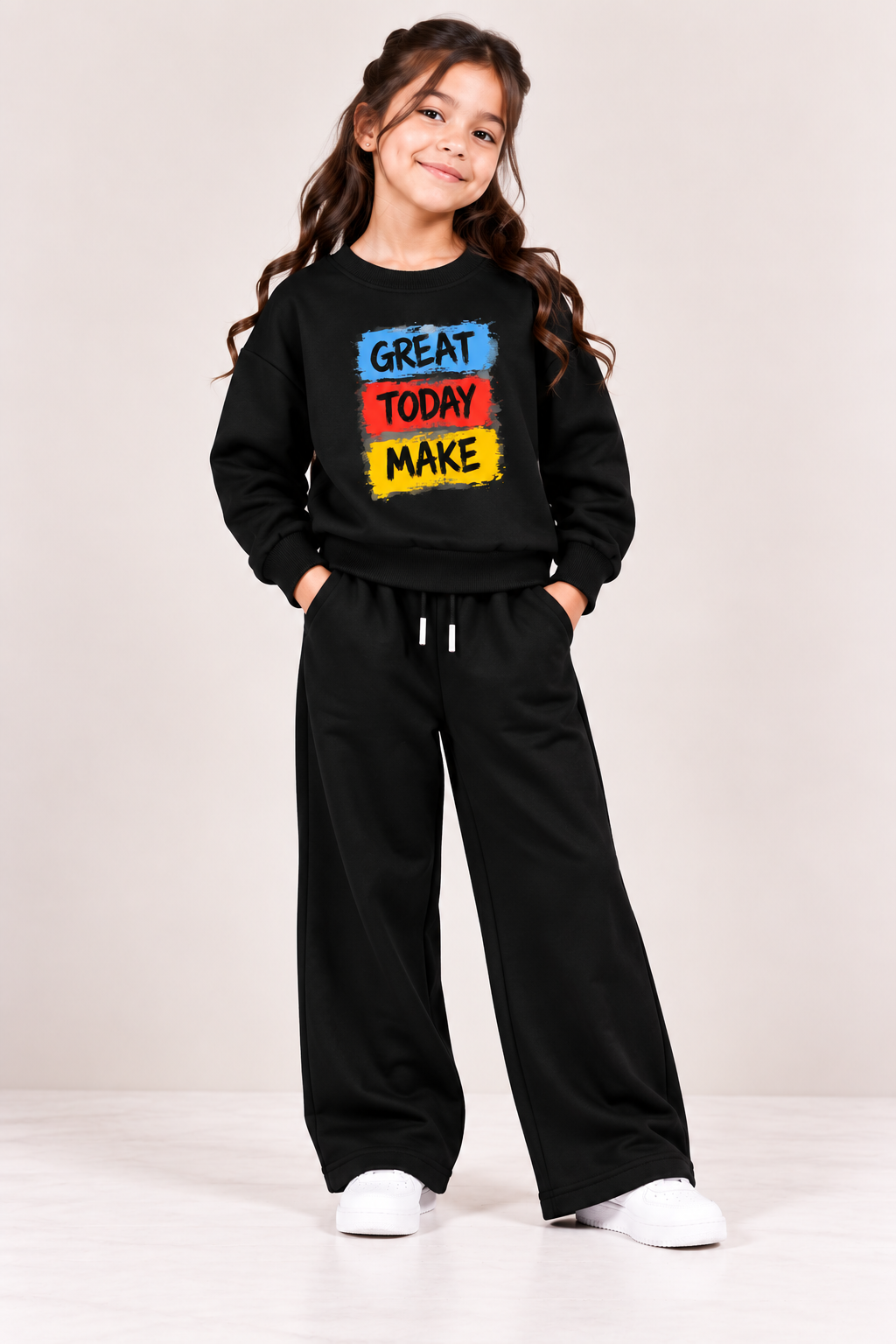 kids Black Great Today Make Printed Sweatshirt & Wide-Leg Trouser Set