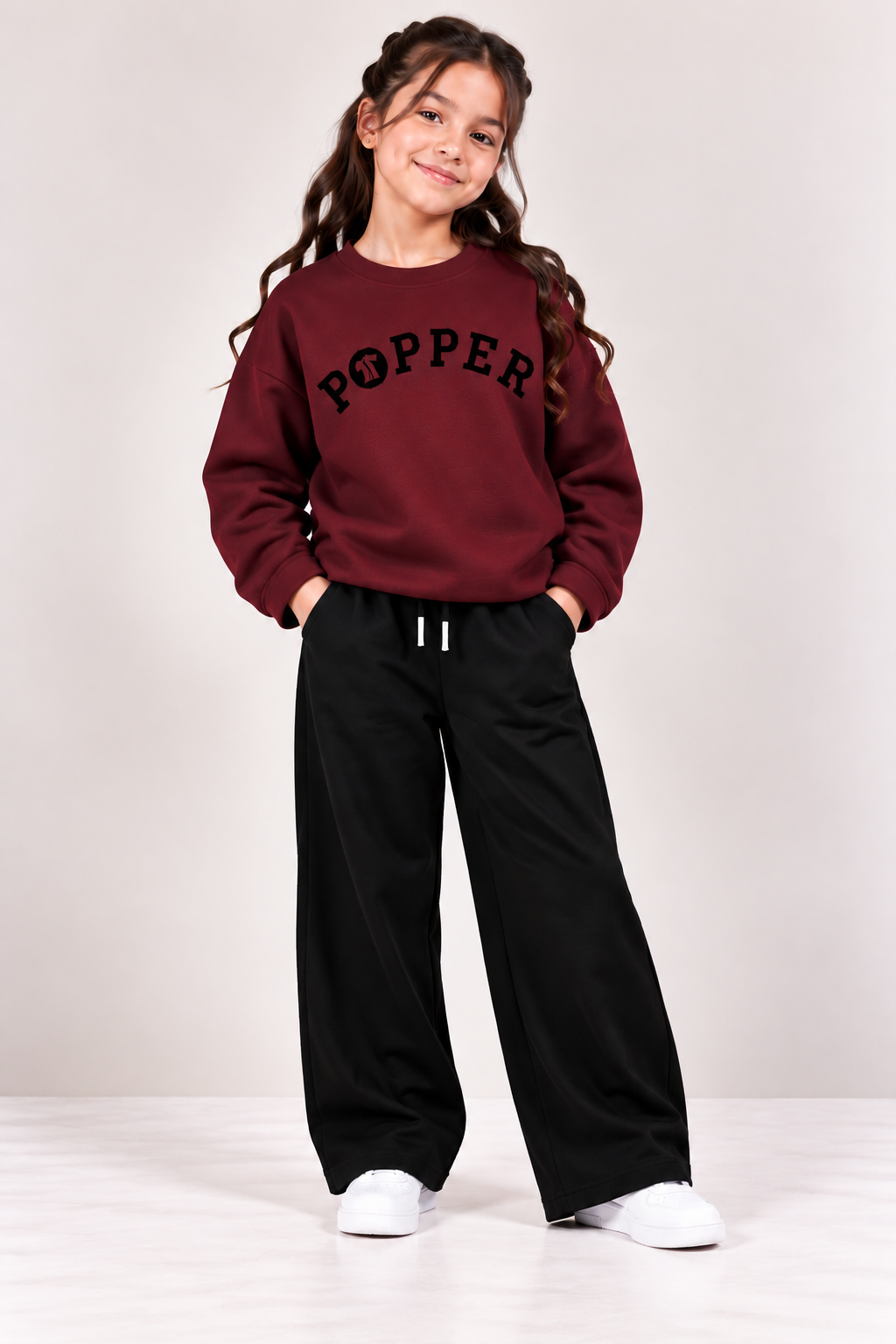 Girls Maroon POPPER Printed Sweatshirt & Black Wide-Leg Trouser Set