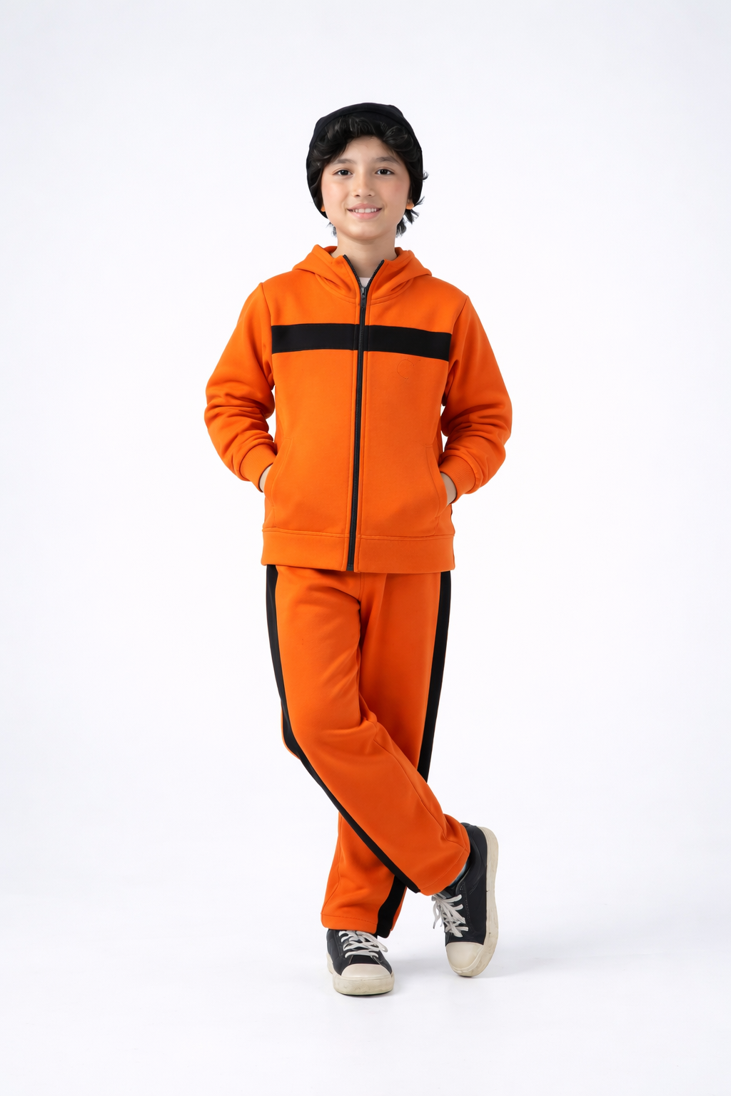 Kids' Go-Fast Tracksuit: Orange & Black