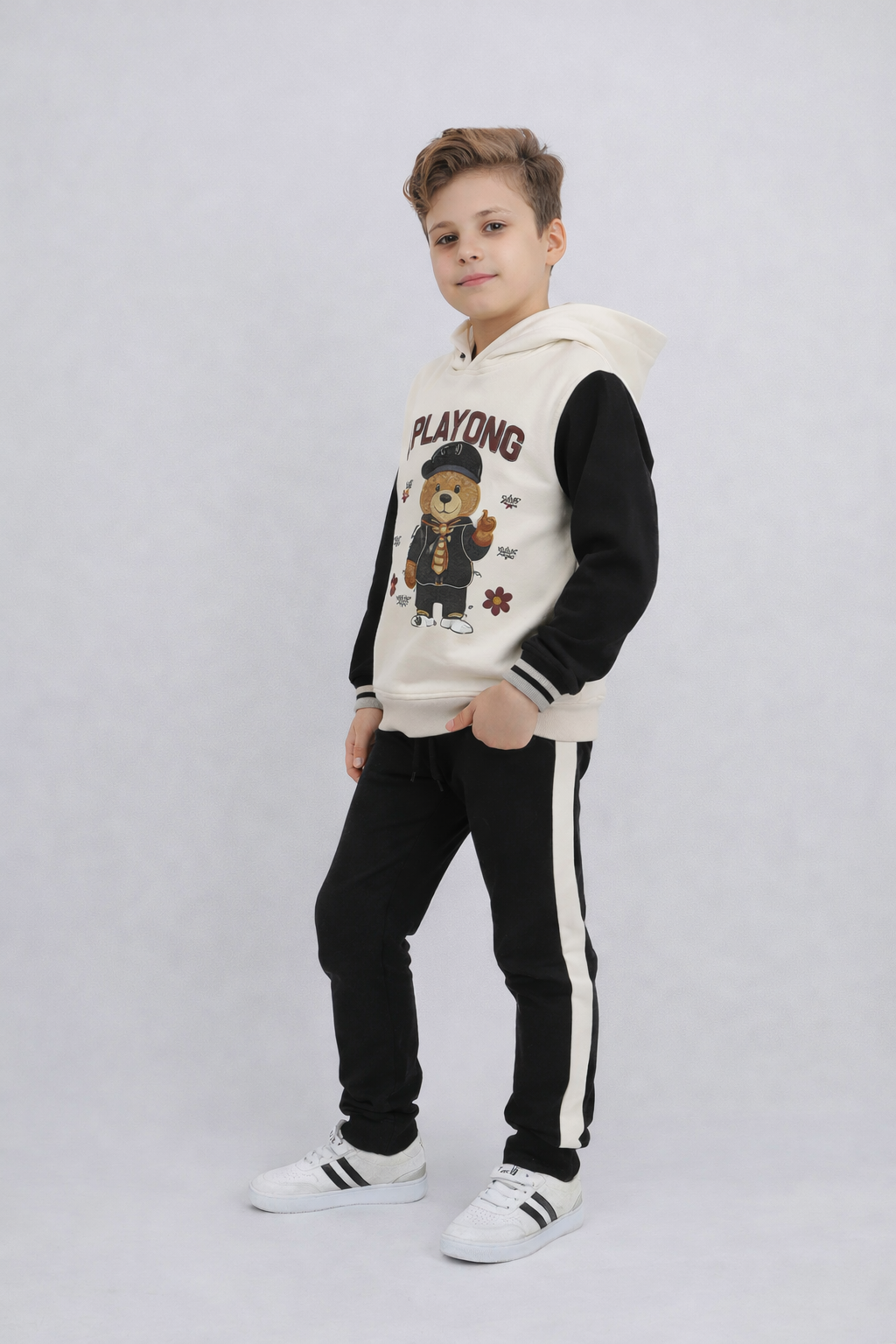 Kids Street Style Bear Hoodie & Track Pant Set – Black & White