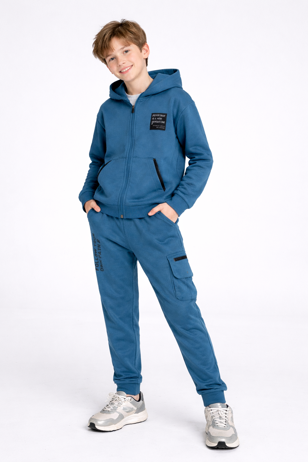 Teal Zip-Up Hoodie and Joggers Set with Motivational Print