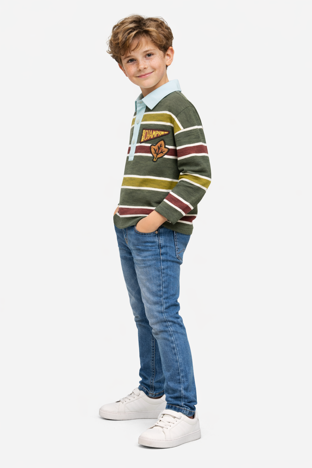 Boys’ Striped Polo T-Shirt with Patch Detailing