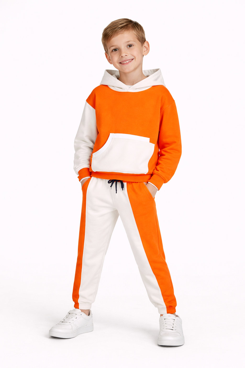 Bold & Bright Colorblock Hoodie Set – Orange & White Drop Shoulder