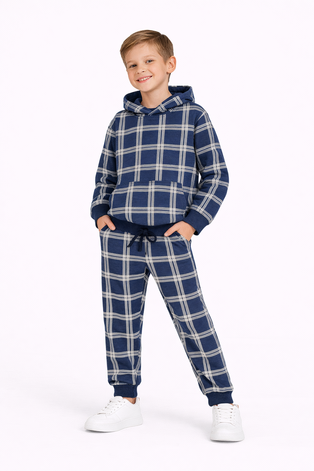 Boys Navy Blue Plaid Hoodie & Jogger Set