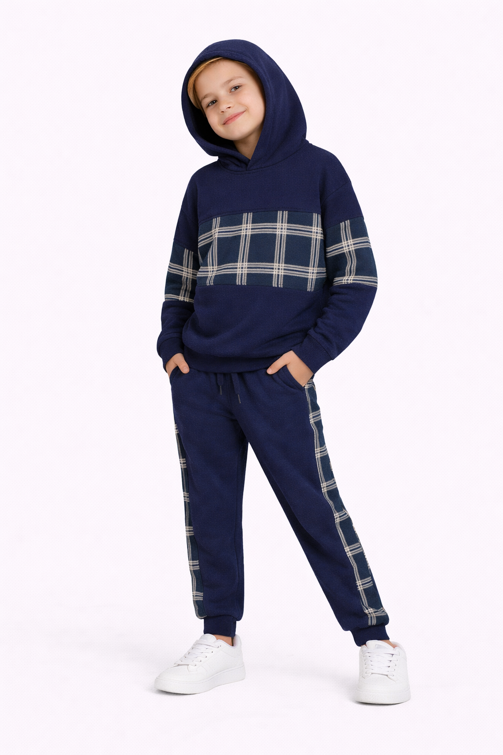 Boys Navy Grid Stripe Hoodie & Jogger Set