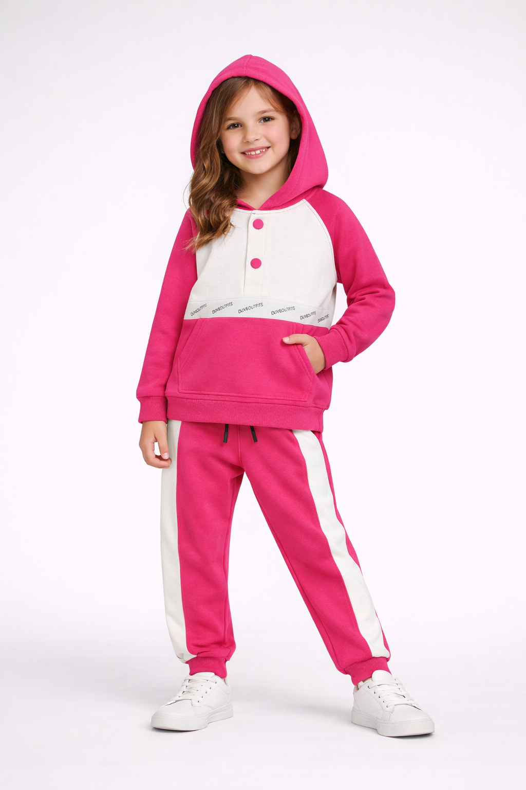 Bold Pink & White Colorblock Hoodie Set – Playful Street Style for girls
