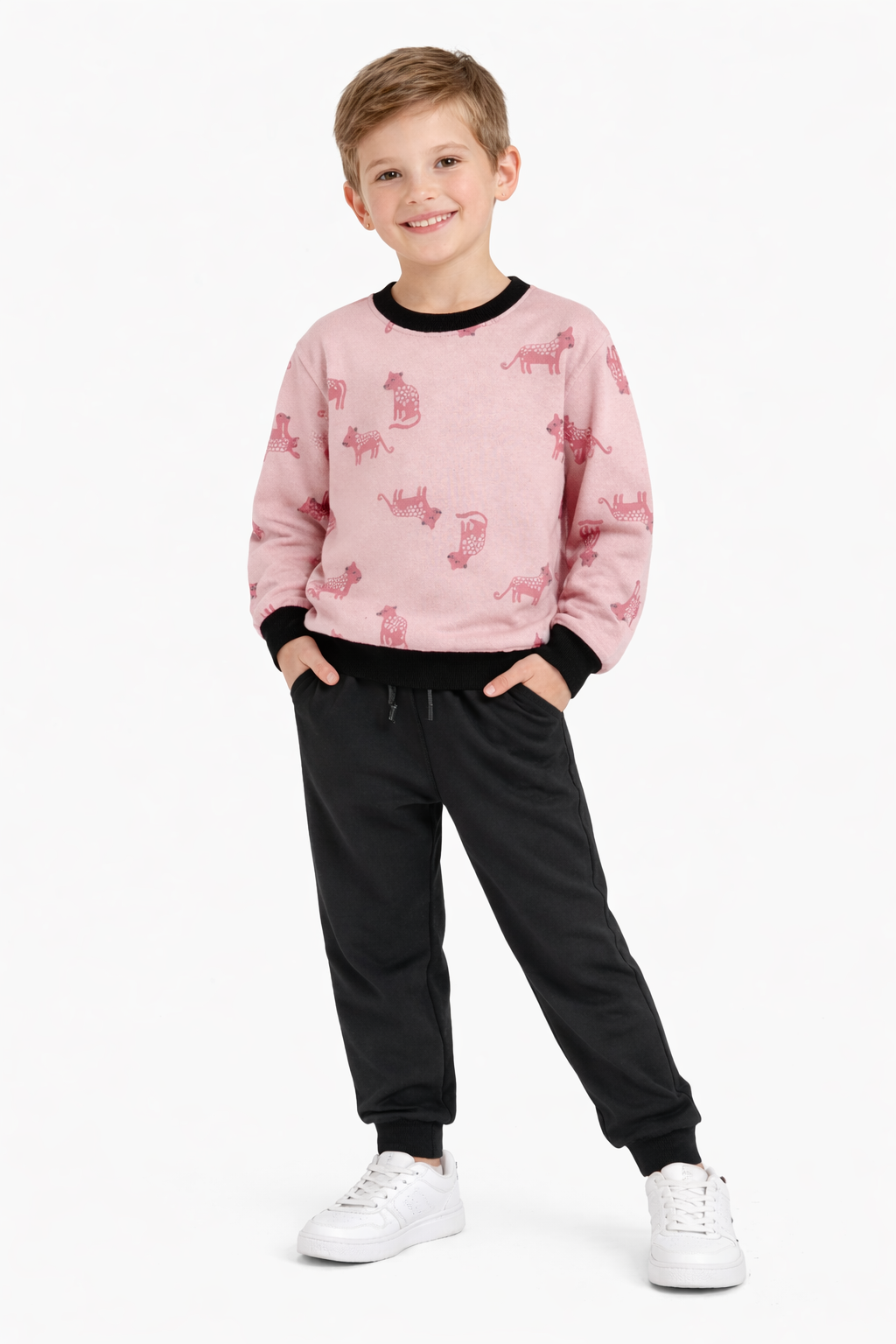 Cozy Jungle Vibes Boys' Set – Pink Tiger Print & Black Joggers (unisex)