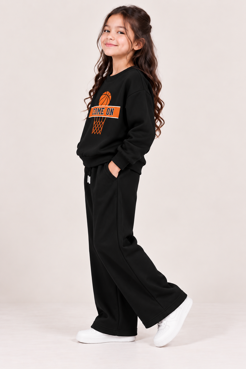 Kids Black Basketball Printed Sweatshirt & Wide-Leg Trouser Set
