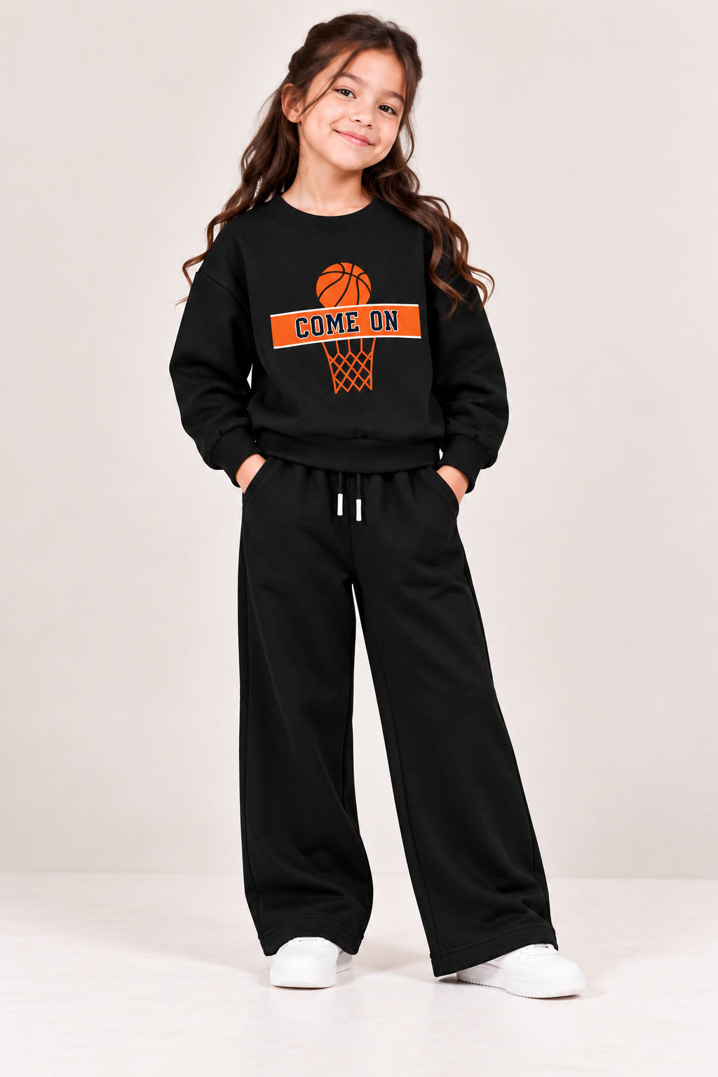 Kids Black Basketball Printed Sweatshirt & Wide-Leg Trouser Set