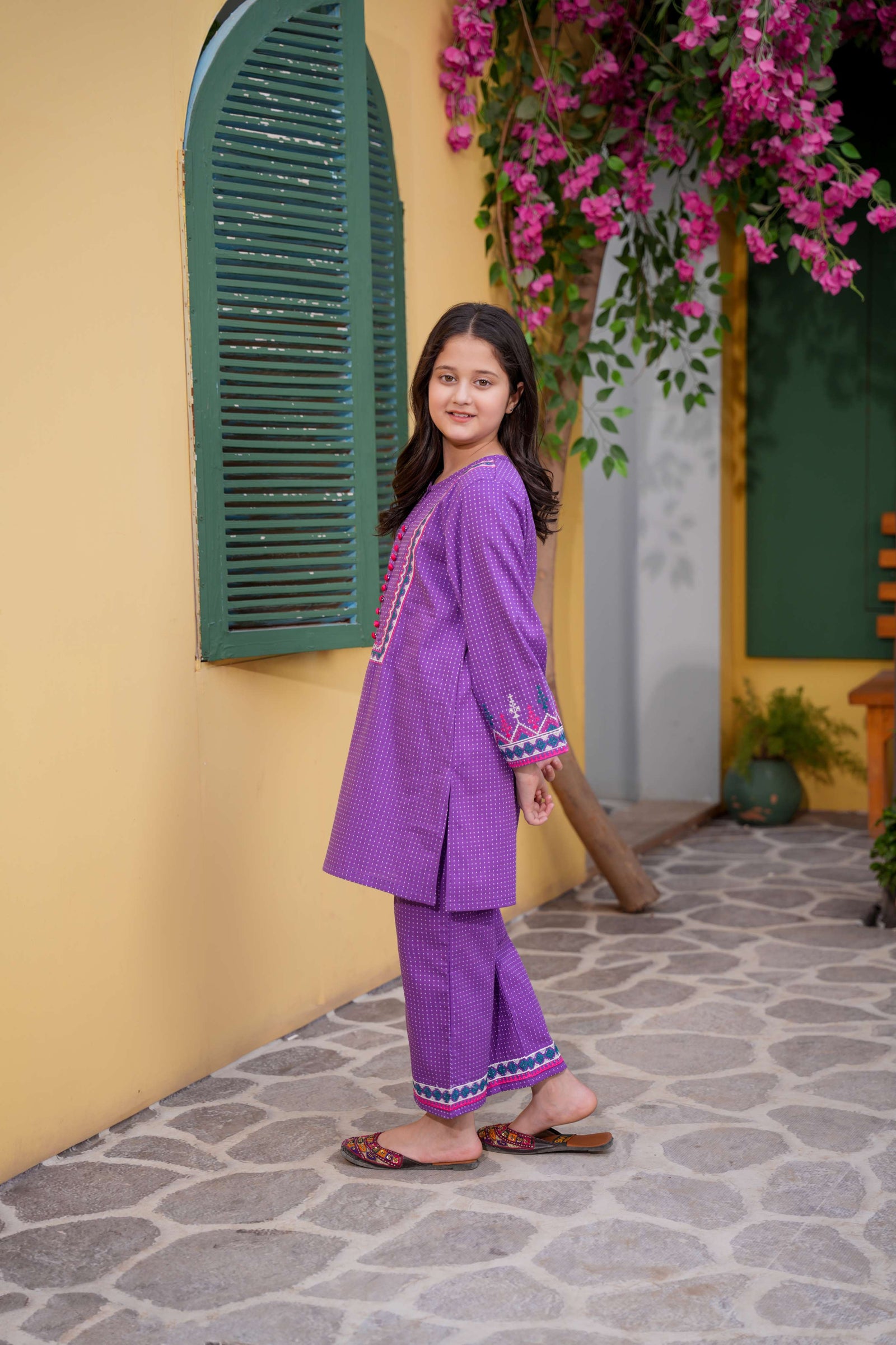Purple Printed Girls Kurta Trouser Set