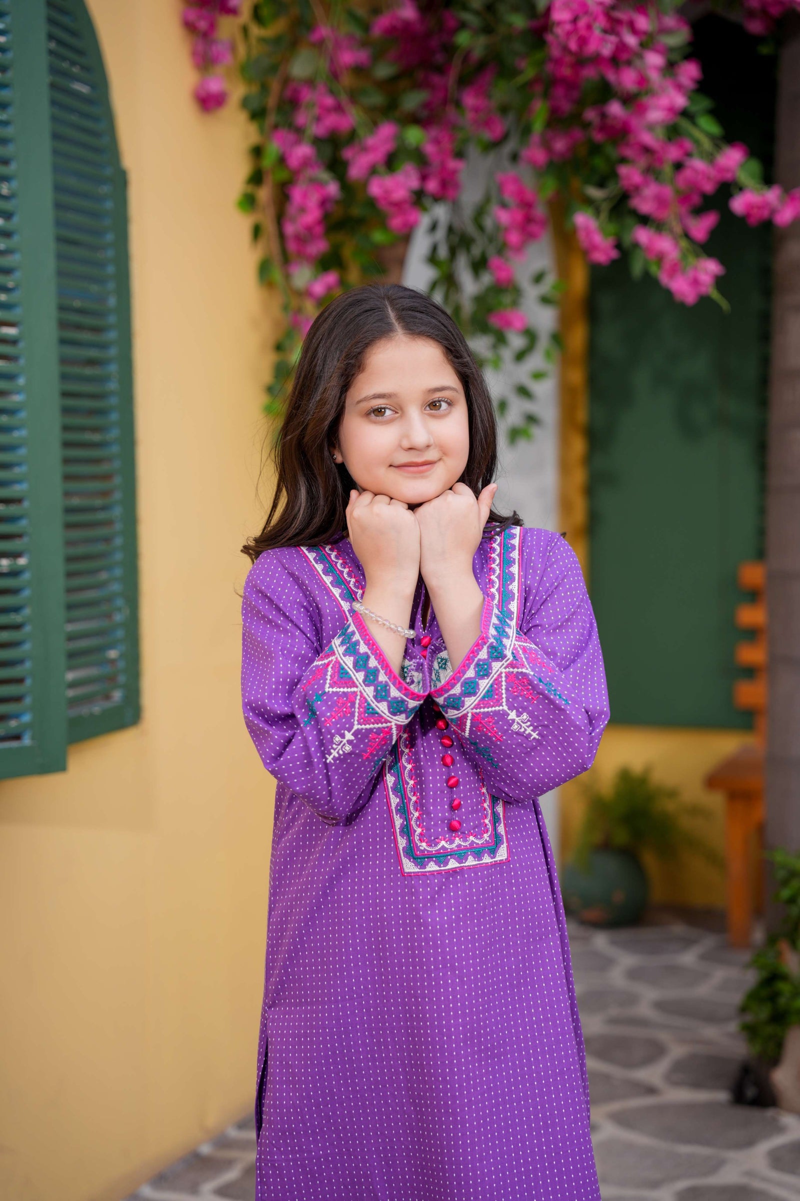 Purple Printed Girls Kurta Trouser Set