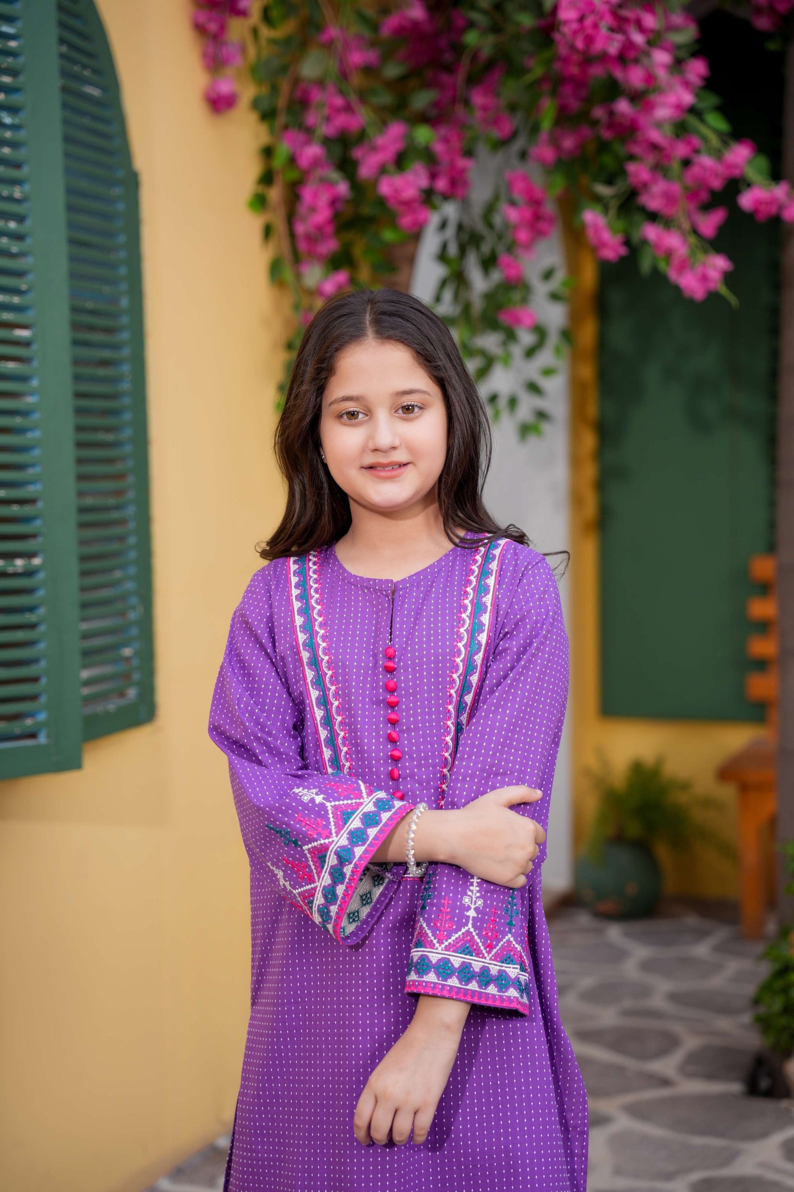 Purple Printed Girls Kurta Trouser Set