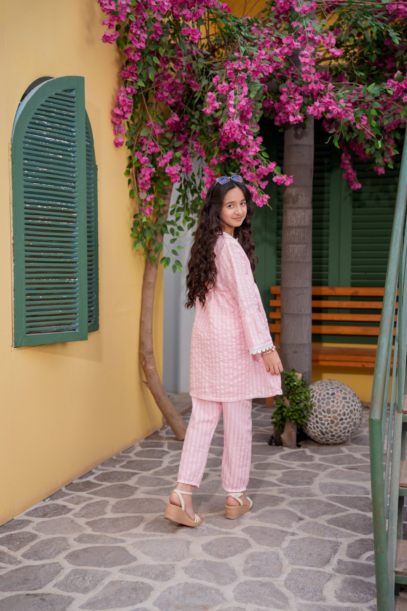 Pastel Pink Textured Girls Kurta Trouser Set