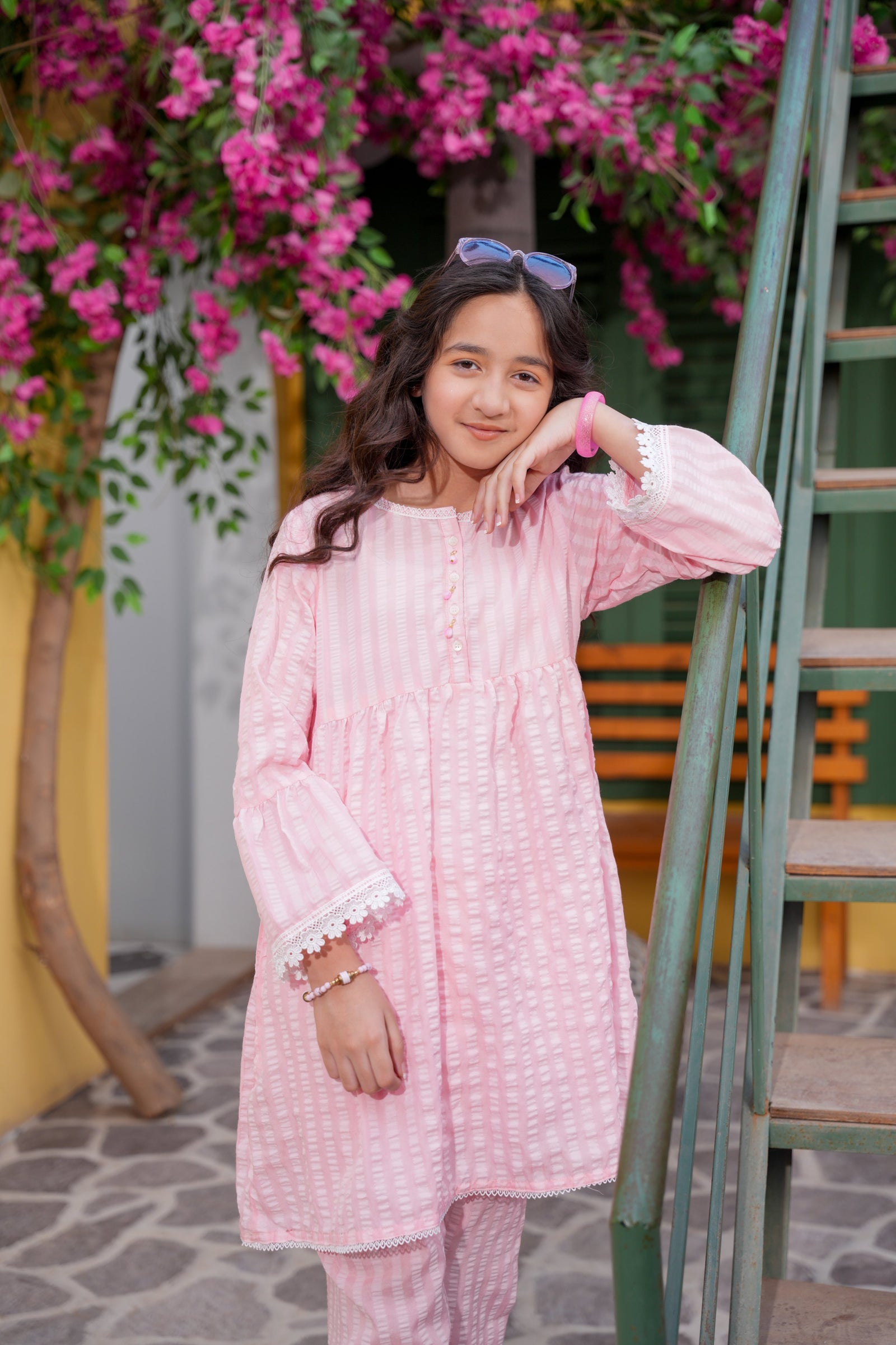 Pastel Pink Textured Girls Kurta Trouser Set