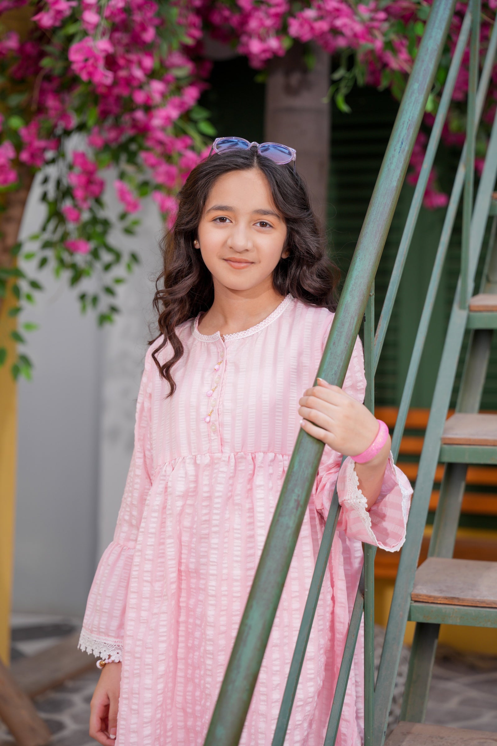 Pastel Pink Textured Girls Kurta Trouser Set
