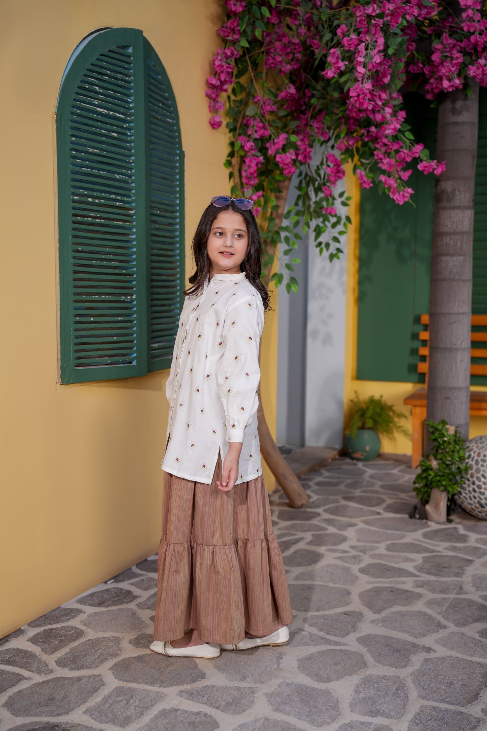White Printed Girls Shirt with Brown Flared Trouser