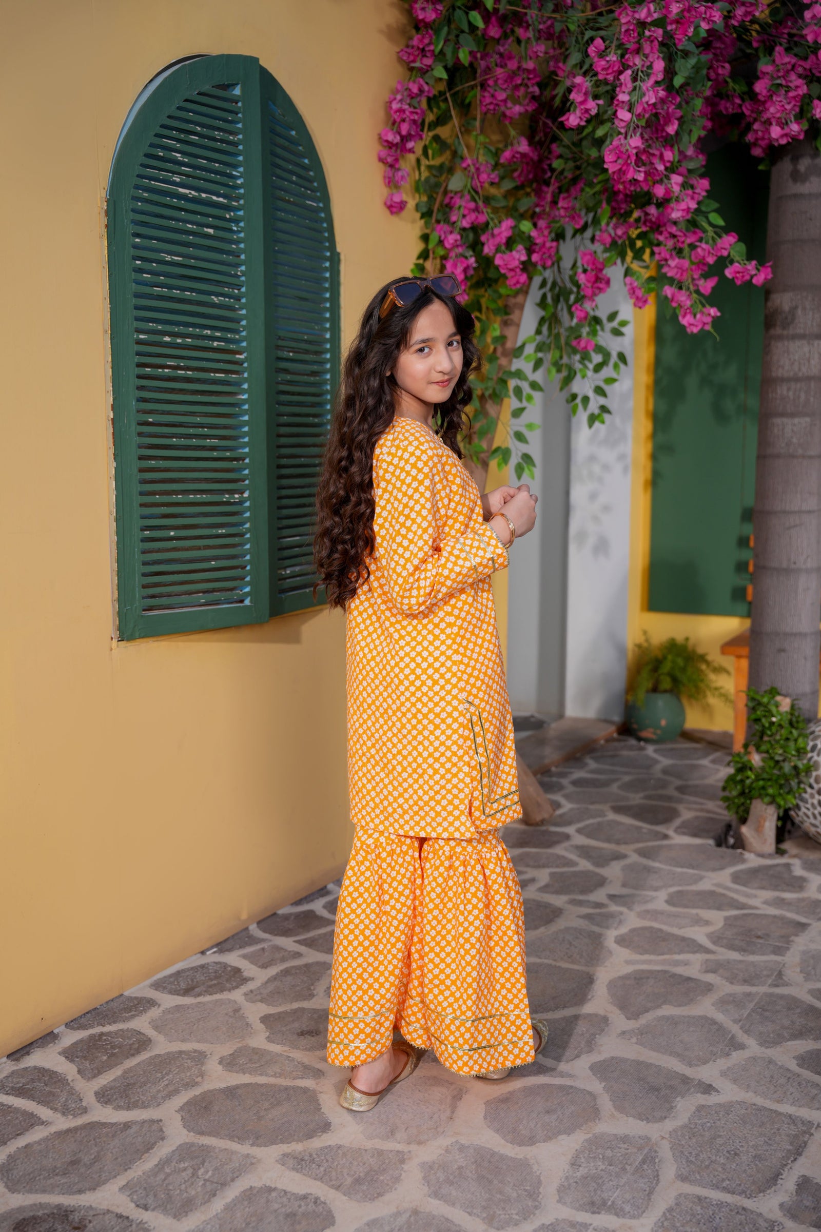 Mustard Printed Girls Kurta Sharara Set