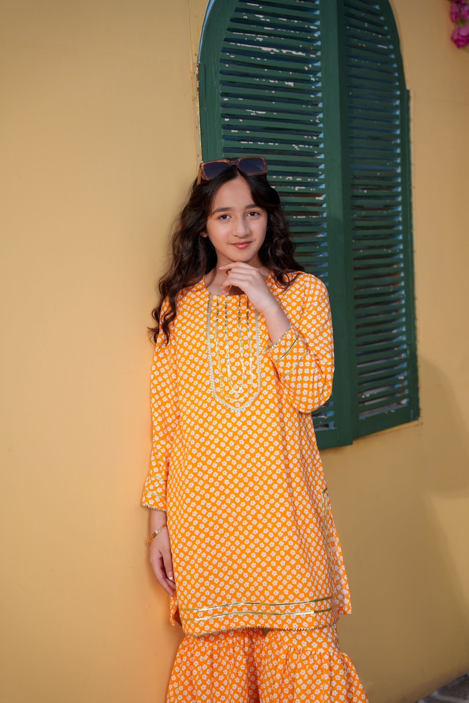 Mustard Printed Girls Kurta Sharara Set
