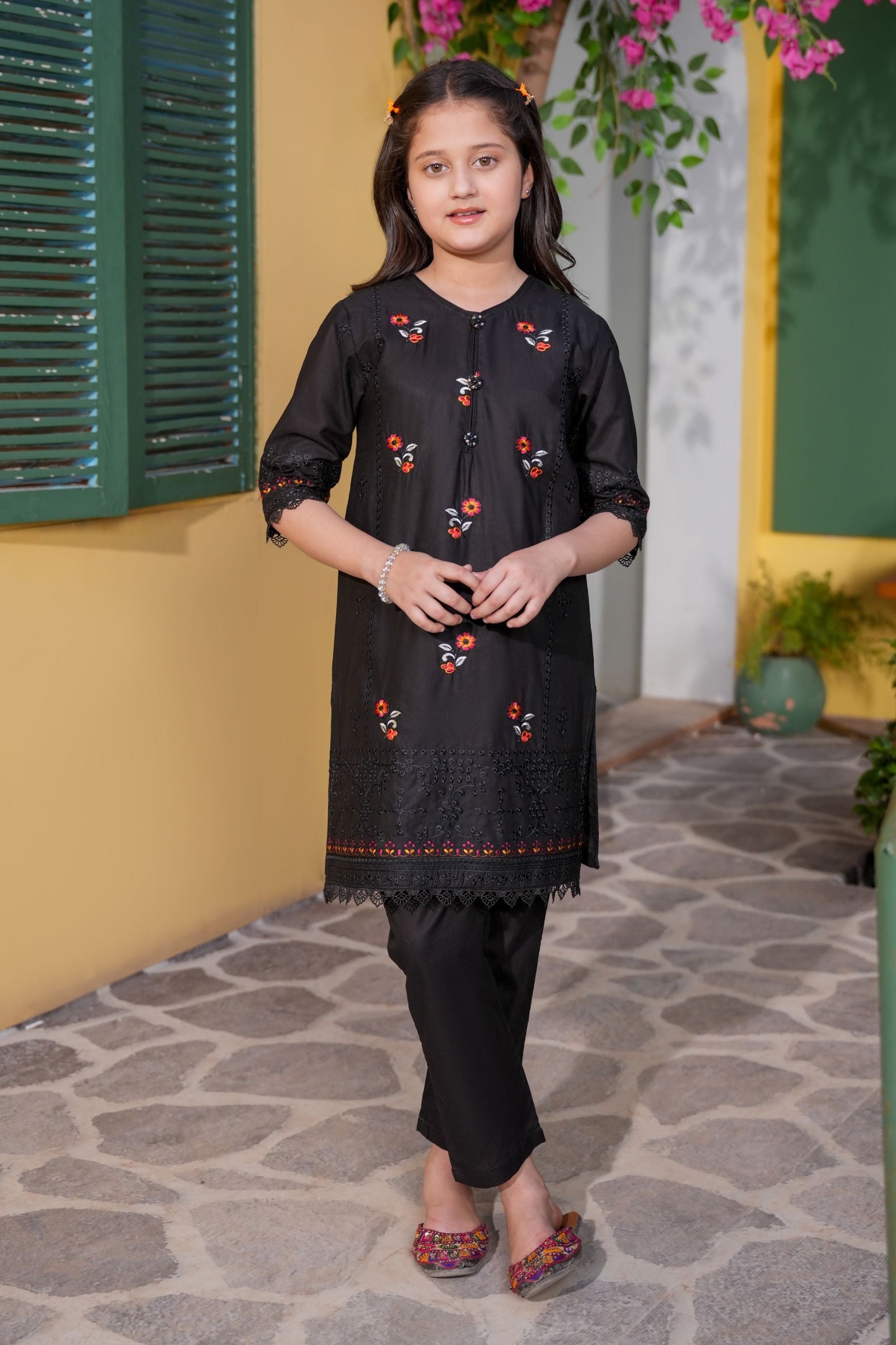 Black Embroidered Girls Kurta Trouser Set
