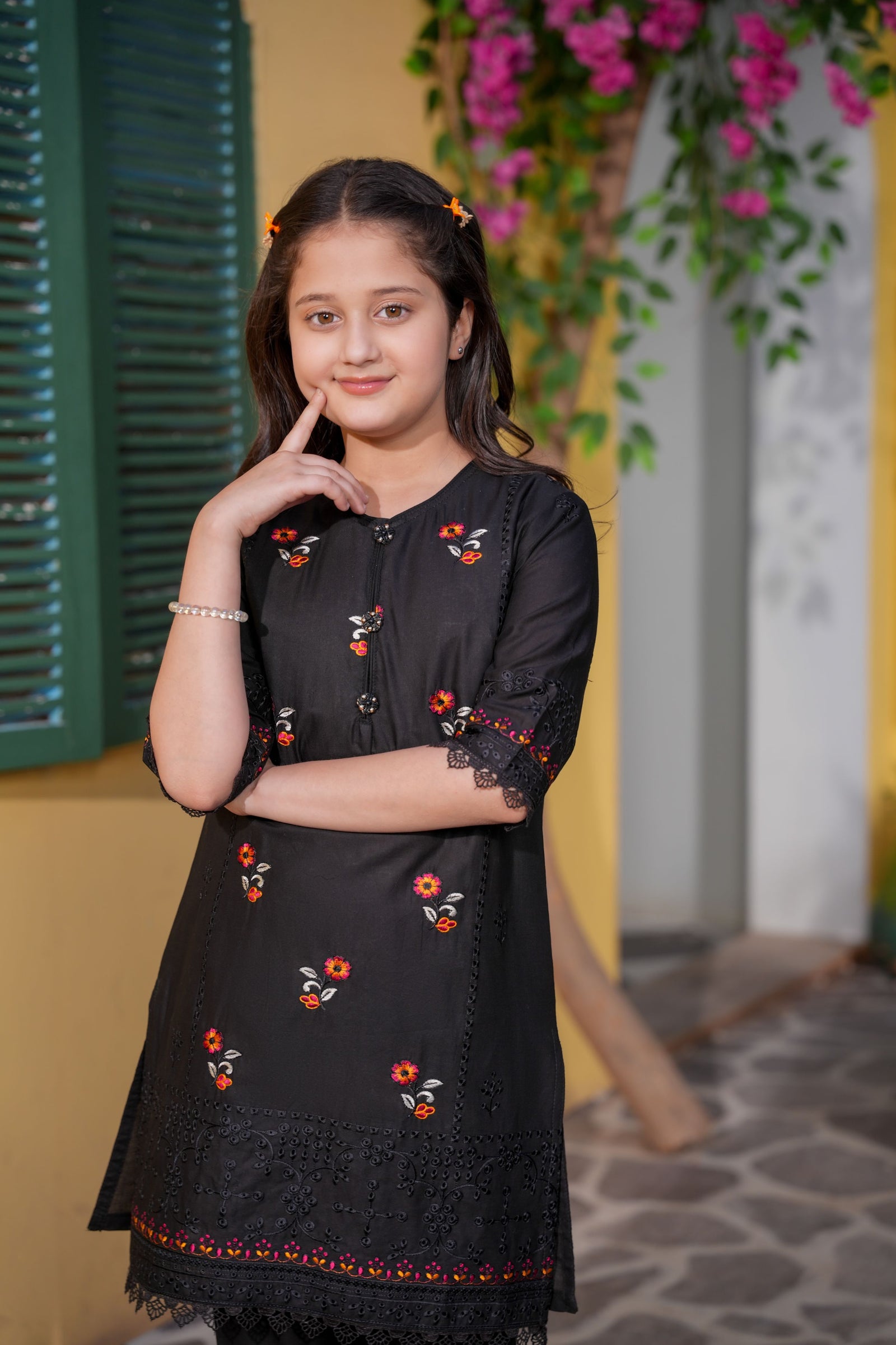 Black Embroidered Girls Kurta Trouser Set