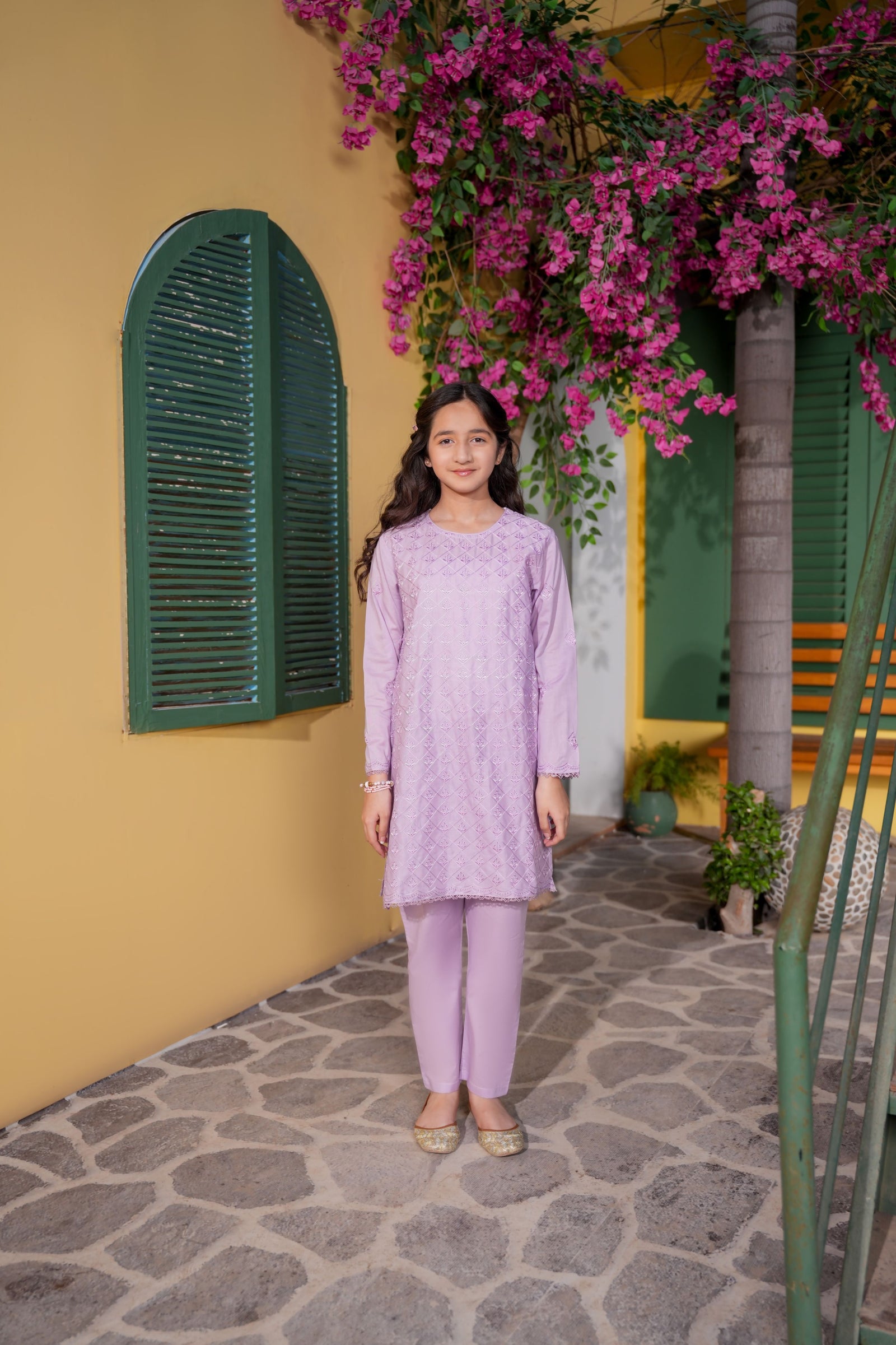 Lavender Embroidered Girls Kurta Trouser Set