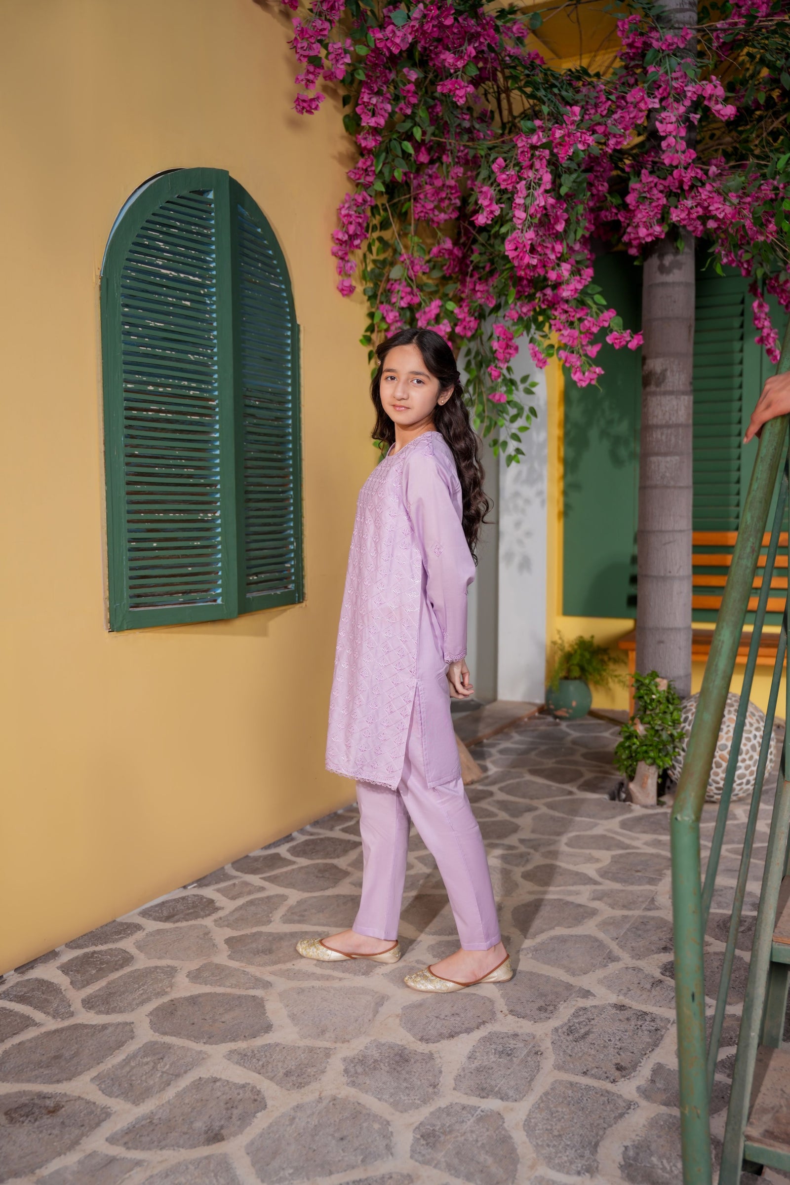 Lavender Embroidered Girls Kurta Trouser Set