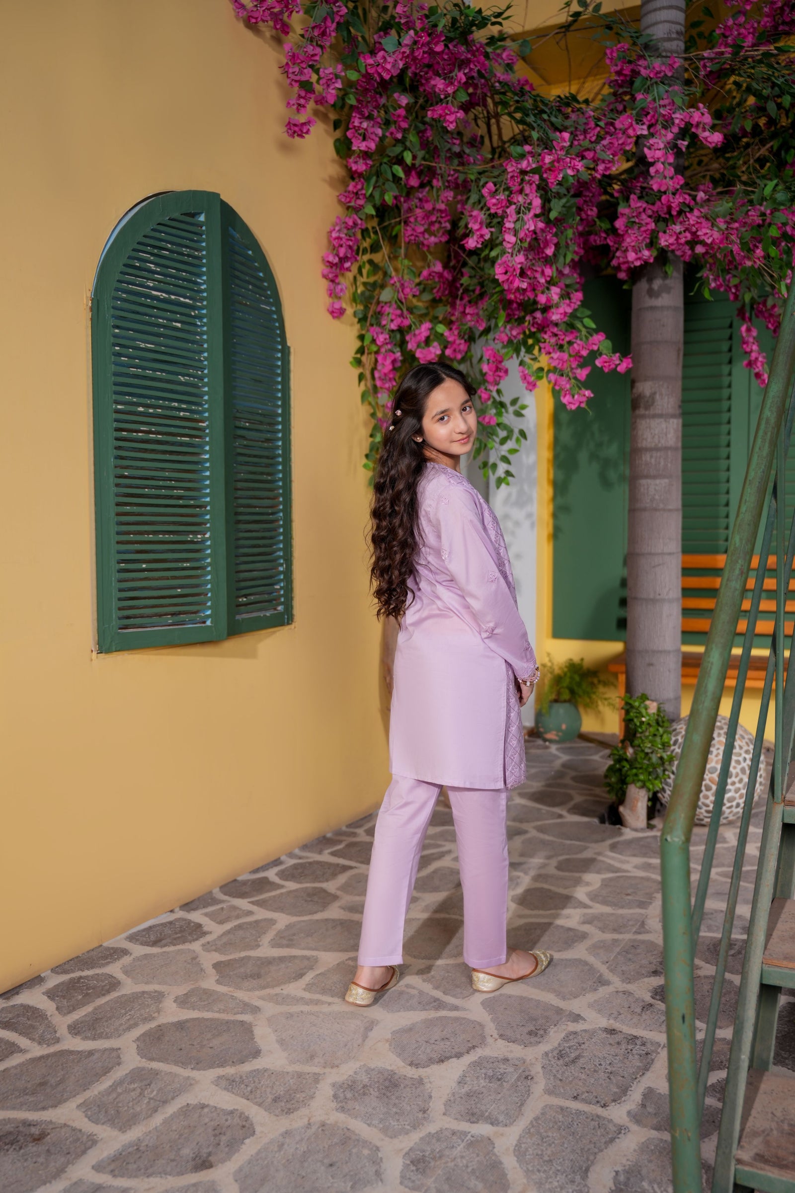 Lavender Embroidered Girls Kurta Trouser Set