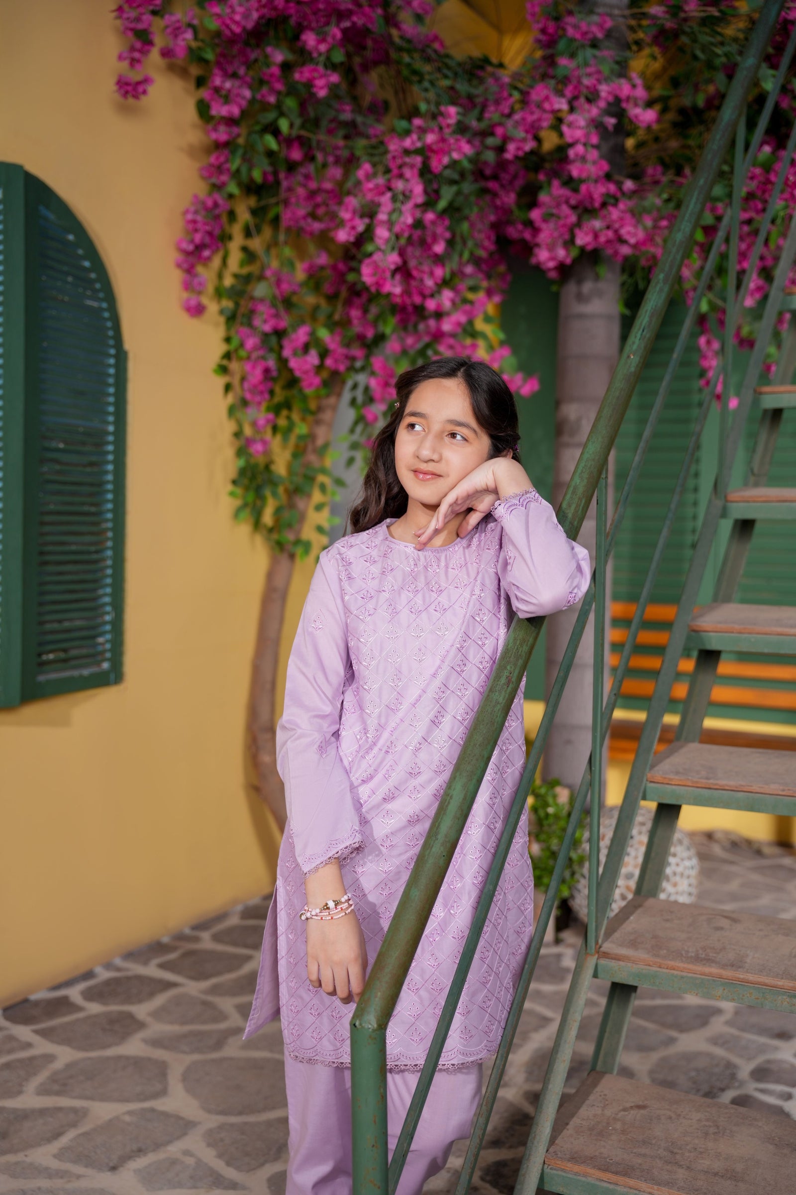 Lavender Embroidered Girls Kurta Trouser Set