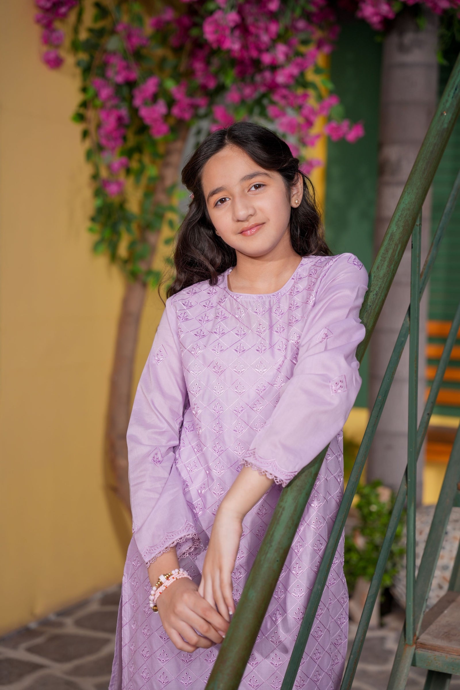 Lavender Embroidered Girls Kurta Trouser Set