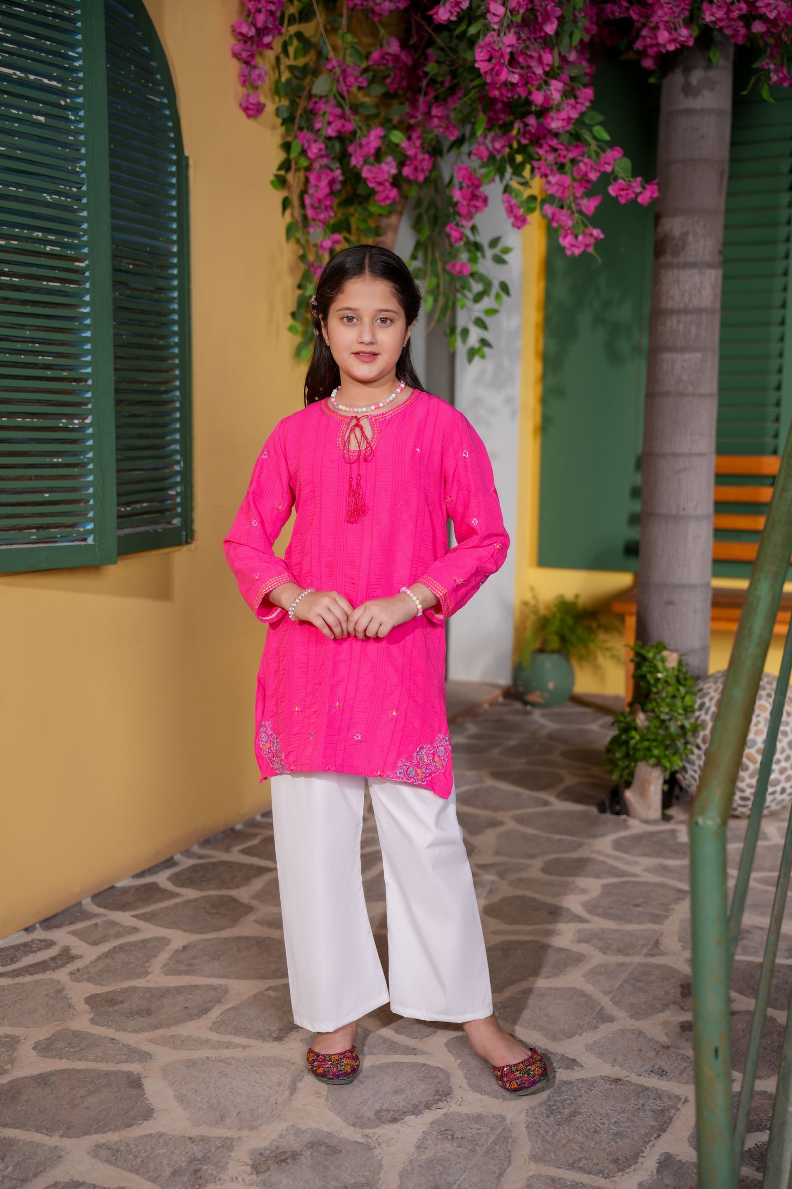 Hot Pink Embroidered Girls Kurta with White Trouser