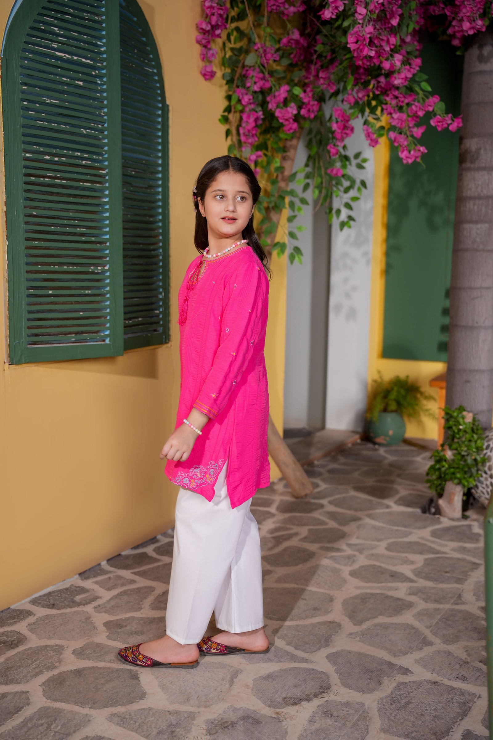 Hot Pink Embroidered Girls Kurta with White Trouser