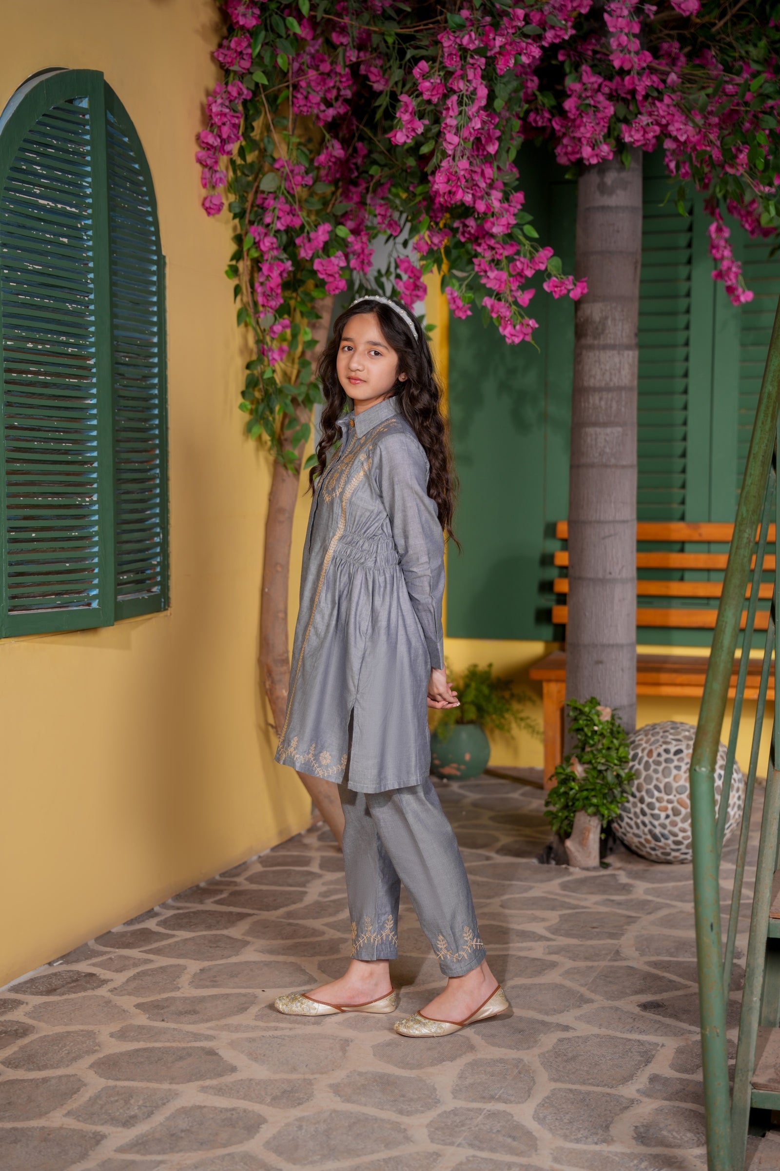 Grey Embroidered Girls Kurta Trouser Set